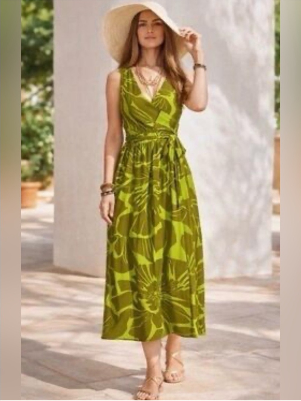 CAbi Olive Green Floral Wrap Midi Dress